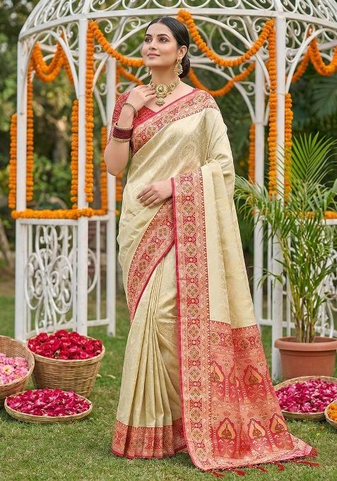 Red Woven Zari Work Banarasi Silk Saree Set