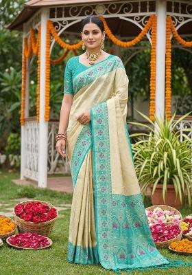 Turquoise Woven Zari Work Banarasi Silk Saree Set