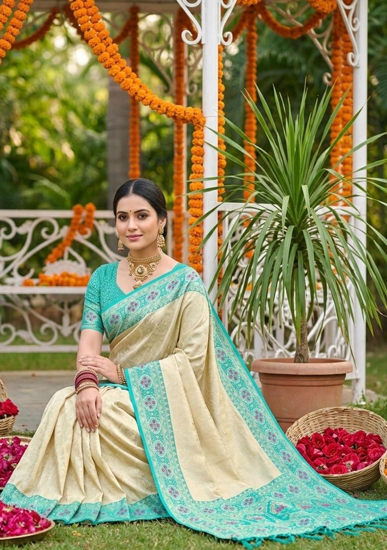 Turquoise Woven Zari Work Banarasi Silk Saree Set - Indya