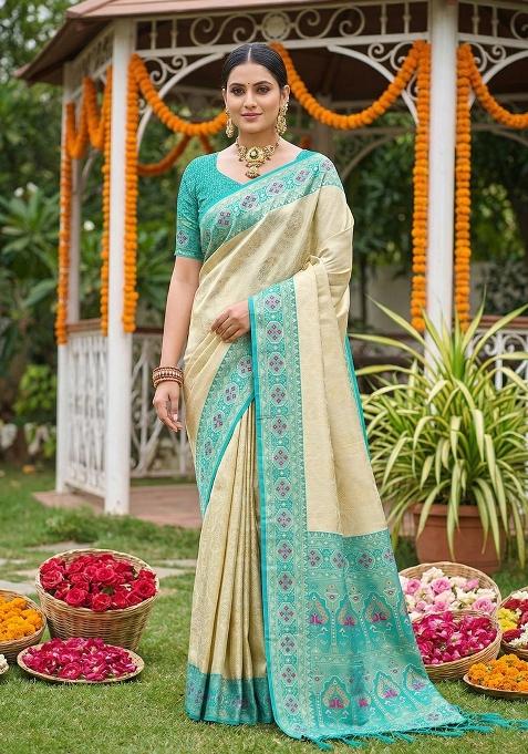 Turquoise Woven Zari Work Banarasi Silk Saree Set