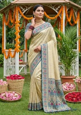 Teal Woven Zari Work Banarasi Silk Saree Set