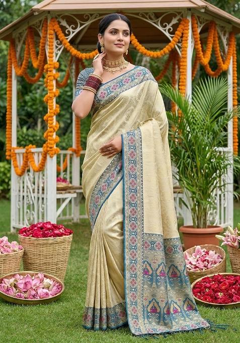 Teal Woven Zari Work Banarasi Silk Saree Set