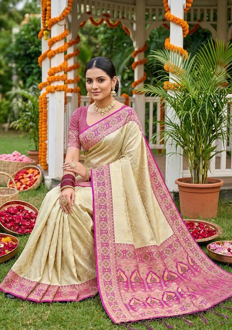 Magenta Woven Zari Work Banarasi Silk Saree Set - Indya