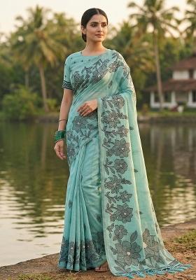 Sky Blue Woven Zari Work Poly Cotton Saree Set