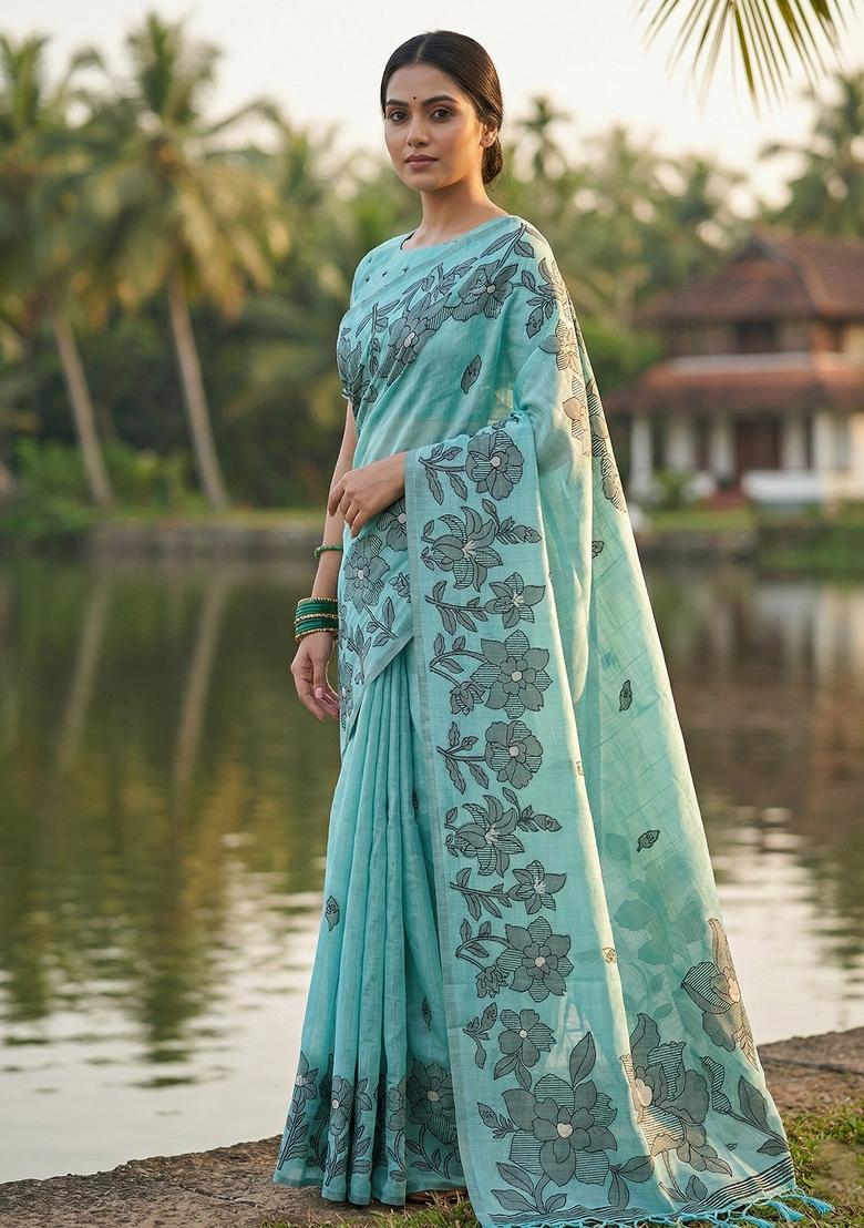 Sky Blue Woven Zari Work Poly Cotton Saree Set - Indya