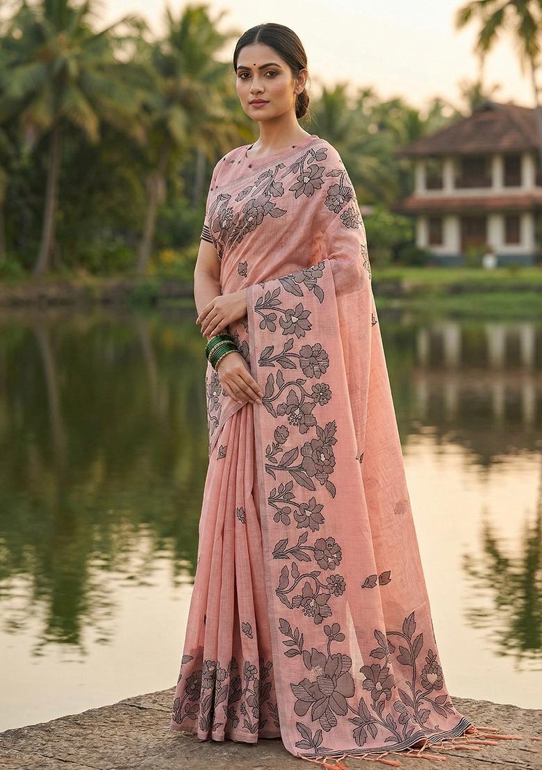 Light Pink Woven Zari Work Poly Cotton Saree Set - Indya