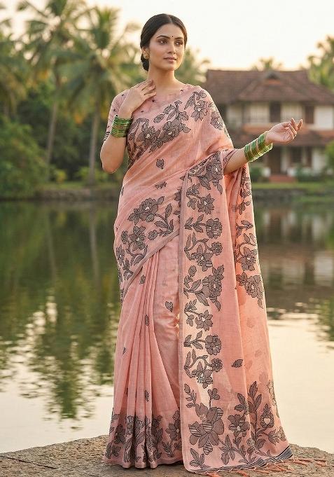Light Pink Woven Zari Work Poly Cotton Saree Set