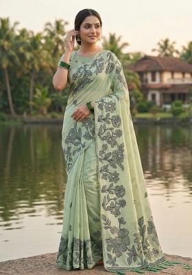 Light Green Woven Zari Work Poly Cotton Saree Set