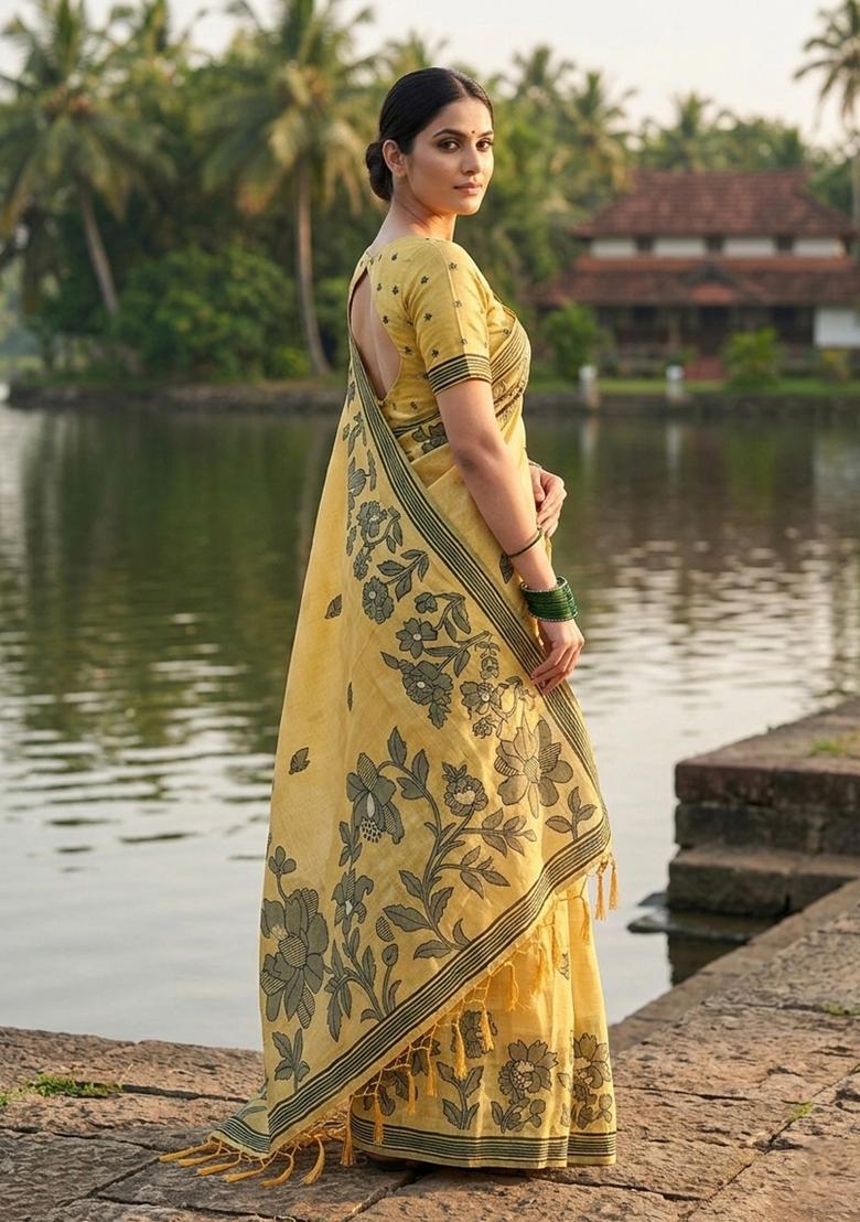Yellow Woven Zari Work Poly Cotton Saree Set - Indya