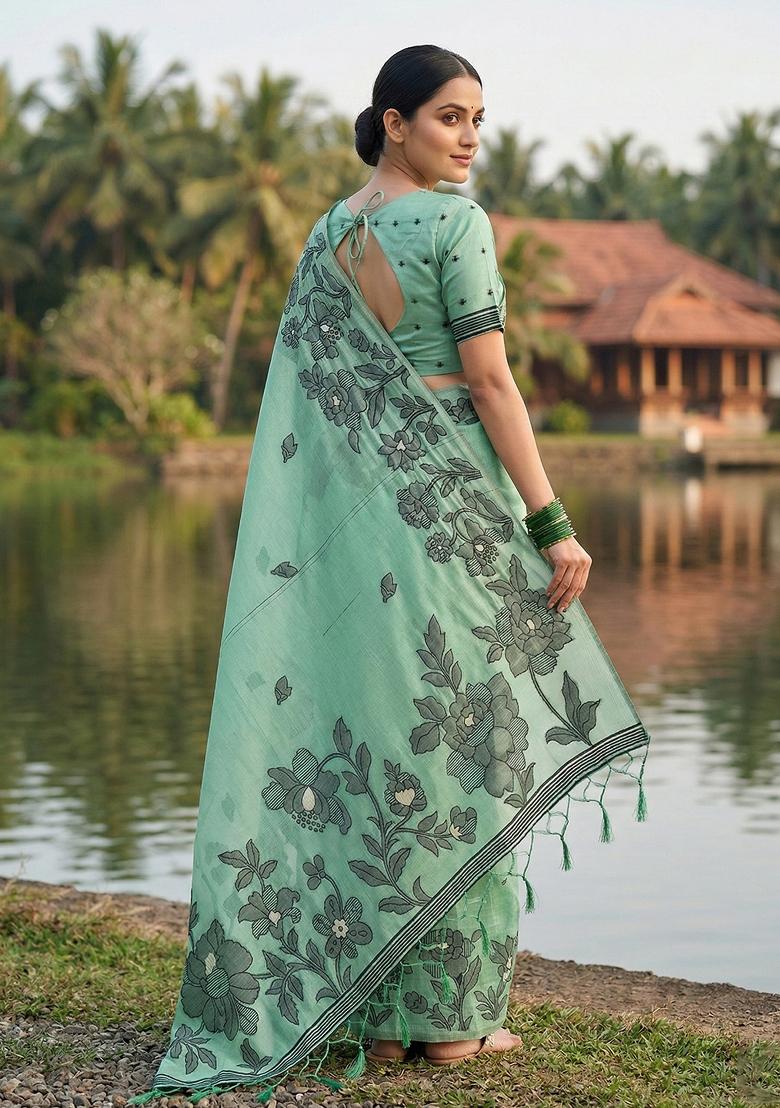 Sea Green Woven Zari Work Poly Cotton Saree Set - Indya