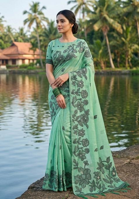 Sea Green Woven Zari Work Poly Cotton Saree Set — view on Indya