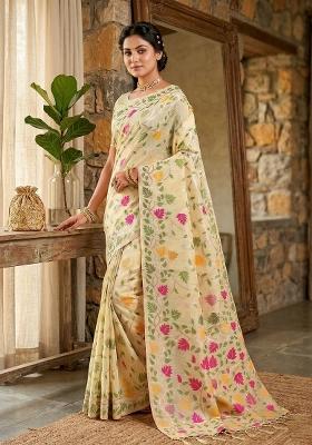 Cream Woven Zari Work Poly Cotton Saree Set