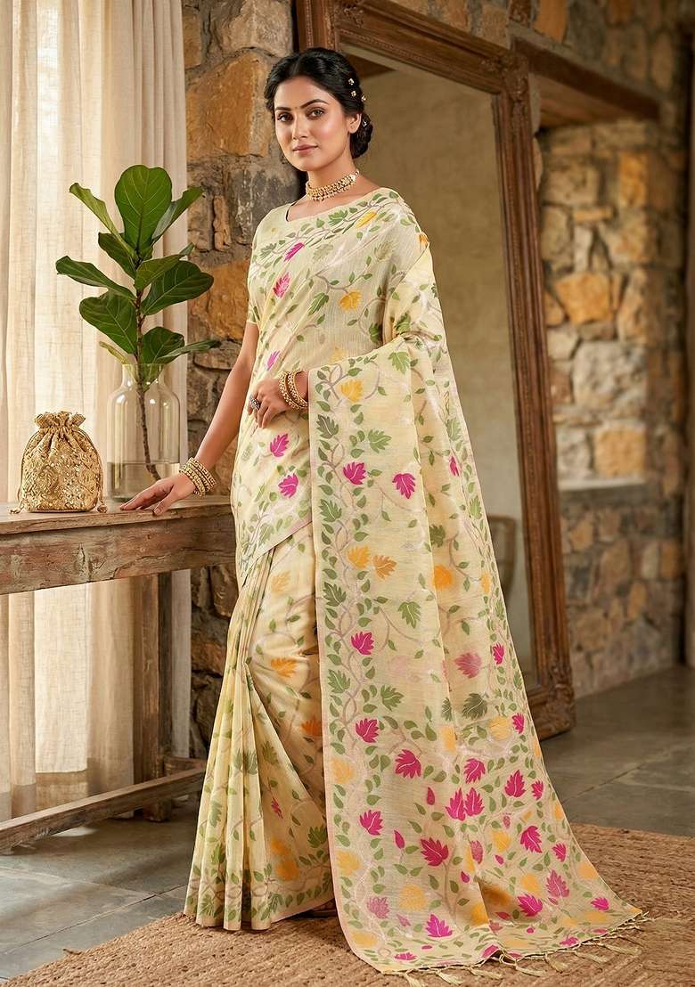 Cream Woven Zari Work Poly Cotton Saree Set for Diwali and Festive Wear - Indya