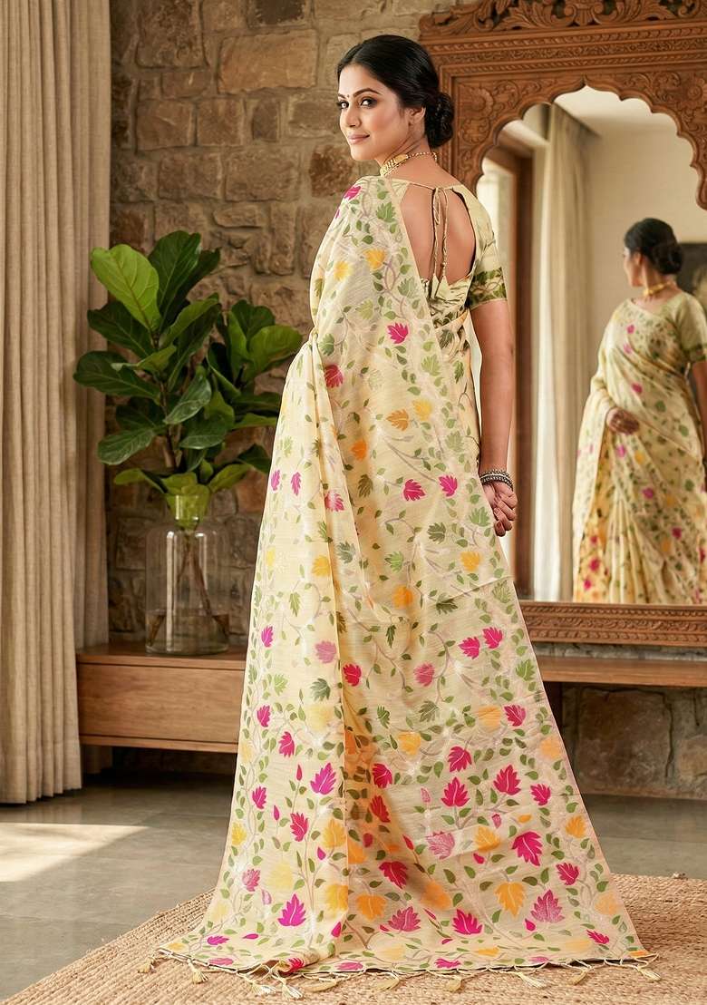 Cream Woven Zari Work Poly Cotton Saree Set for Diwali and Festive Wear - Indya