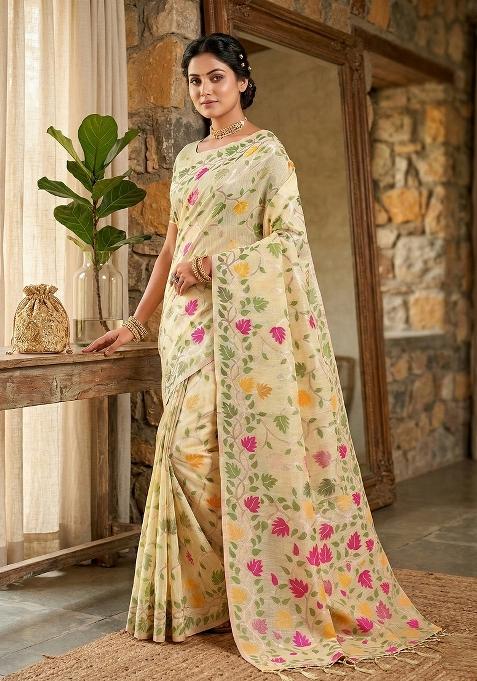 Cream Woven Zari Work Poly Cotton Saree Set