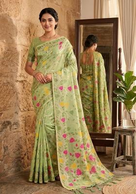 Light Green Woven Zari Work Poly Cotton Saree Set