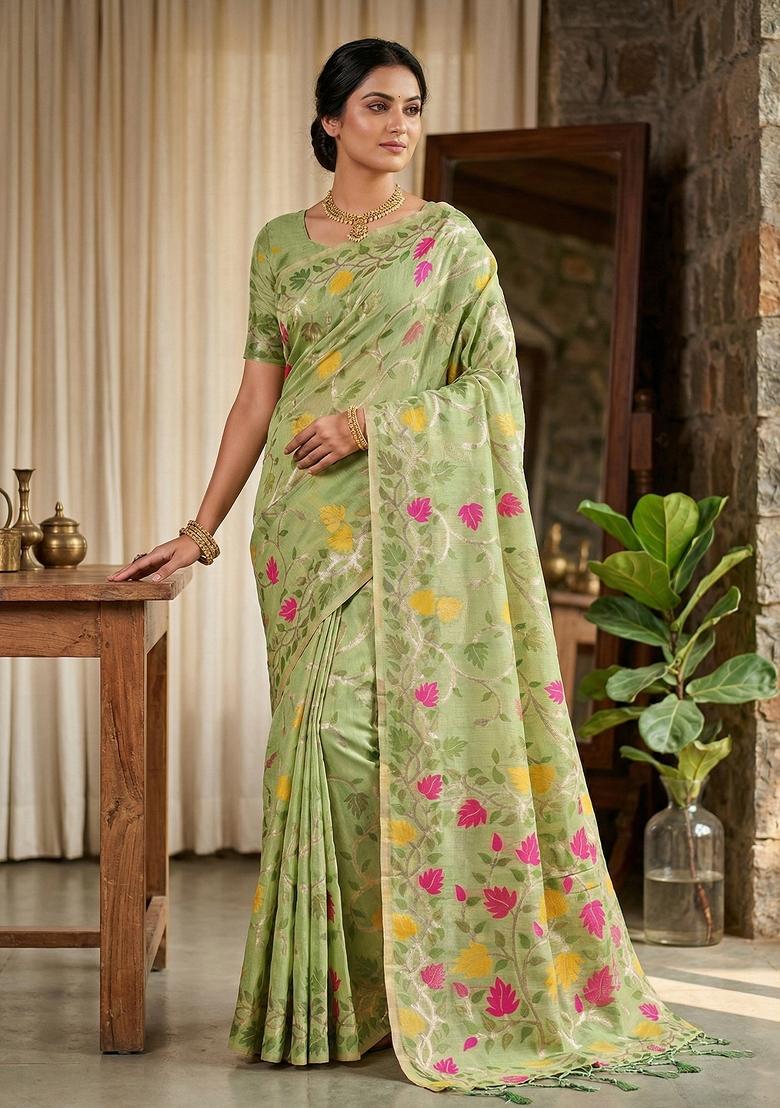 Light Green Woven Zari Work Poly Cotton Saree Set - Indya