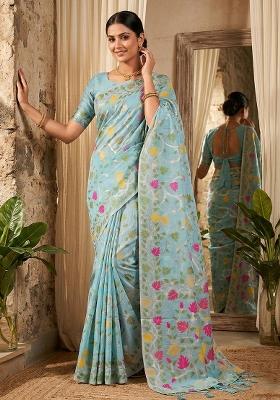 Sky Blue Woven Zari Work Poly Cotton Saree Set
