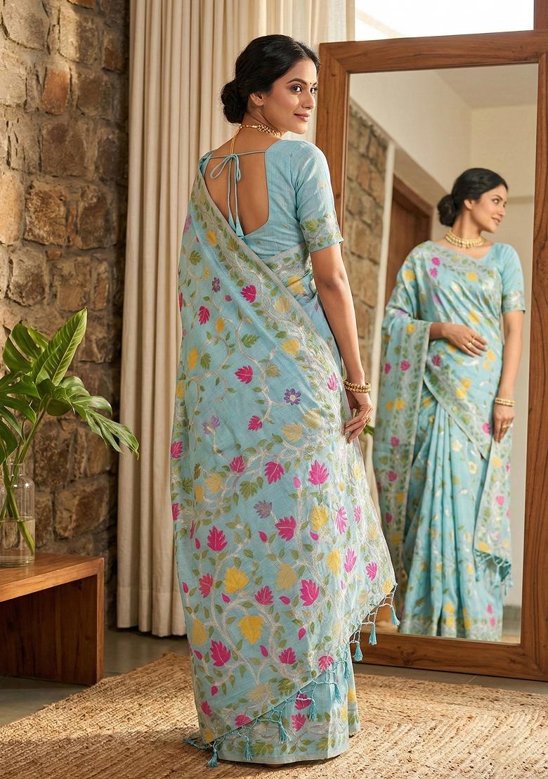 Sky Blue Woven Zari Work Poly Cotton Saree Set - Indya