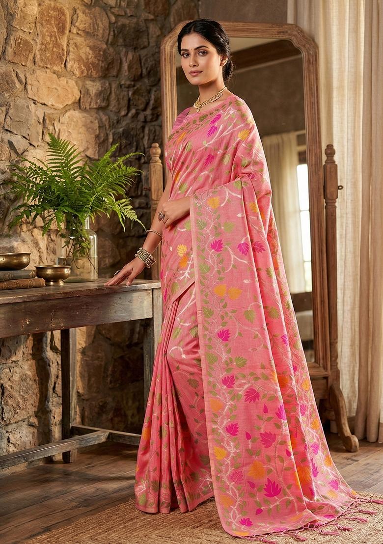Peach Woven Zari Work Poly Cotton Saree Set - Indya