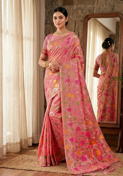 Peach Woven Zari Work Poly Cotton Saree Set