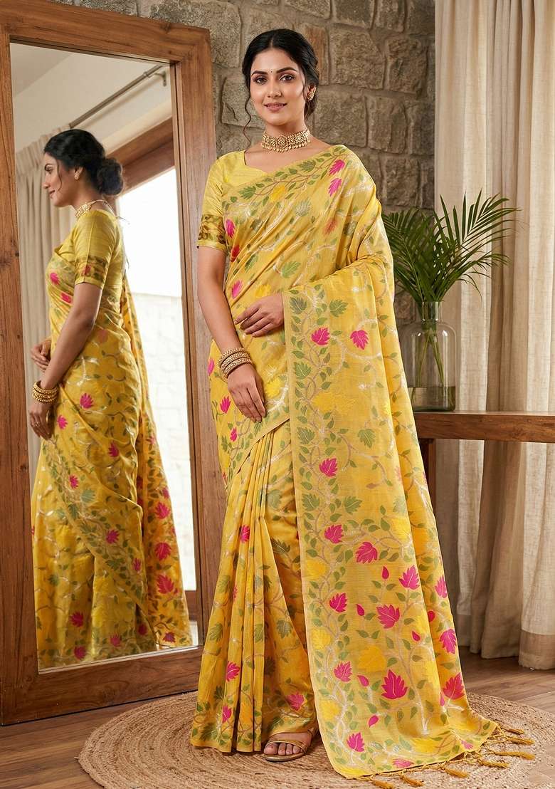 Yellow Woven Poly Cotton Saree Set with Zari Work for Diwali | Wedding & Festive Wear - Indya