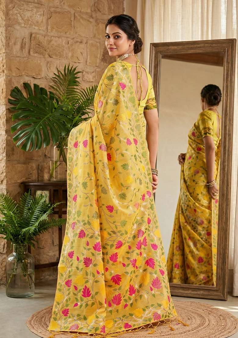 Yellow Woven Poly Cotton Saree Set with Zari Work for Diwali | Wedding & Festive Wear - Indya