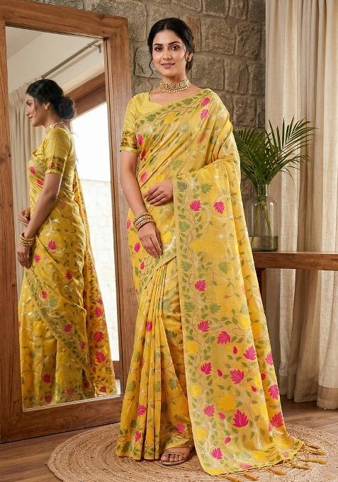 Yellow Woven Zari Work Poly Cotton Saree Set
