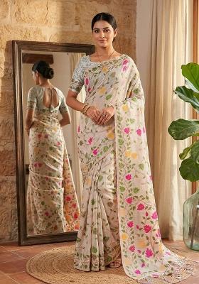 White Woven Zari Work Poly Cotton Saree Set