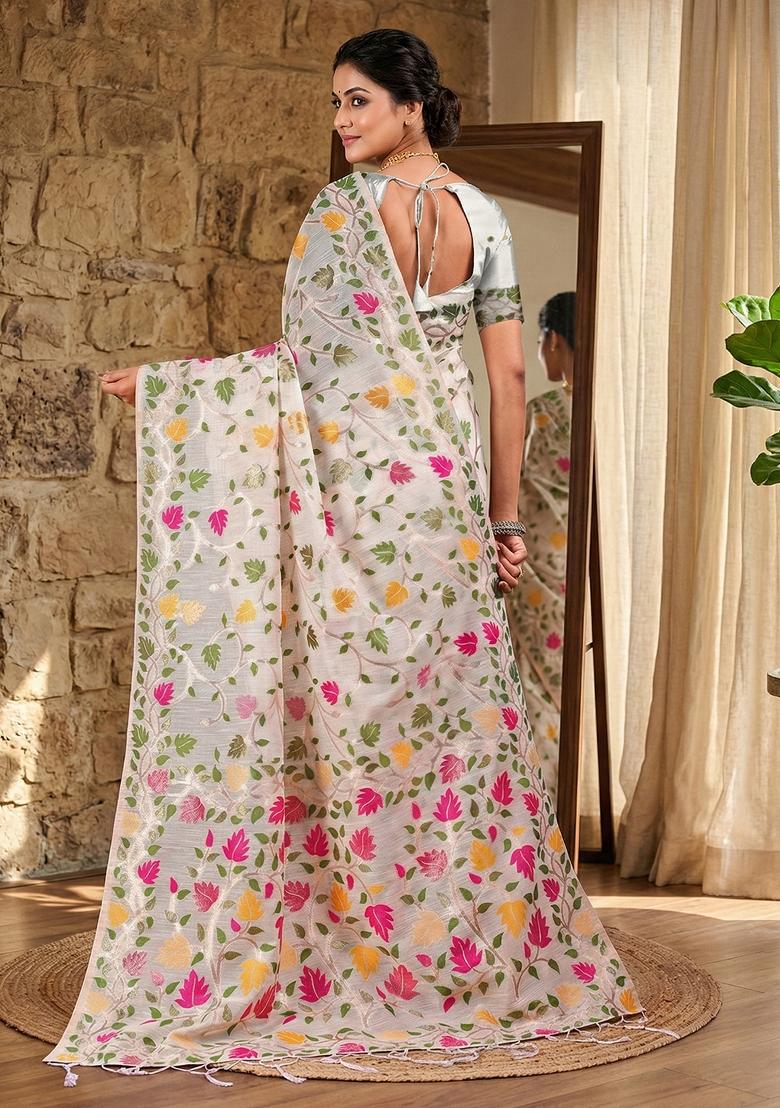 White Woven Zari Work Poly Cotton Saree Set - Indya