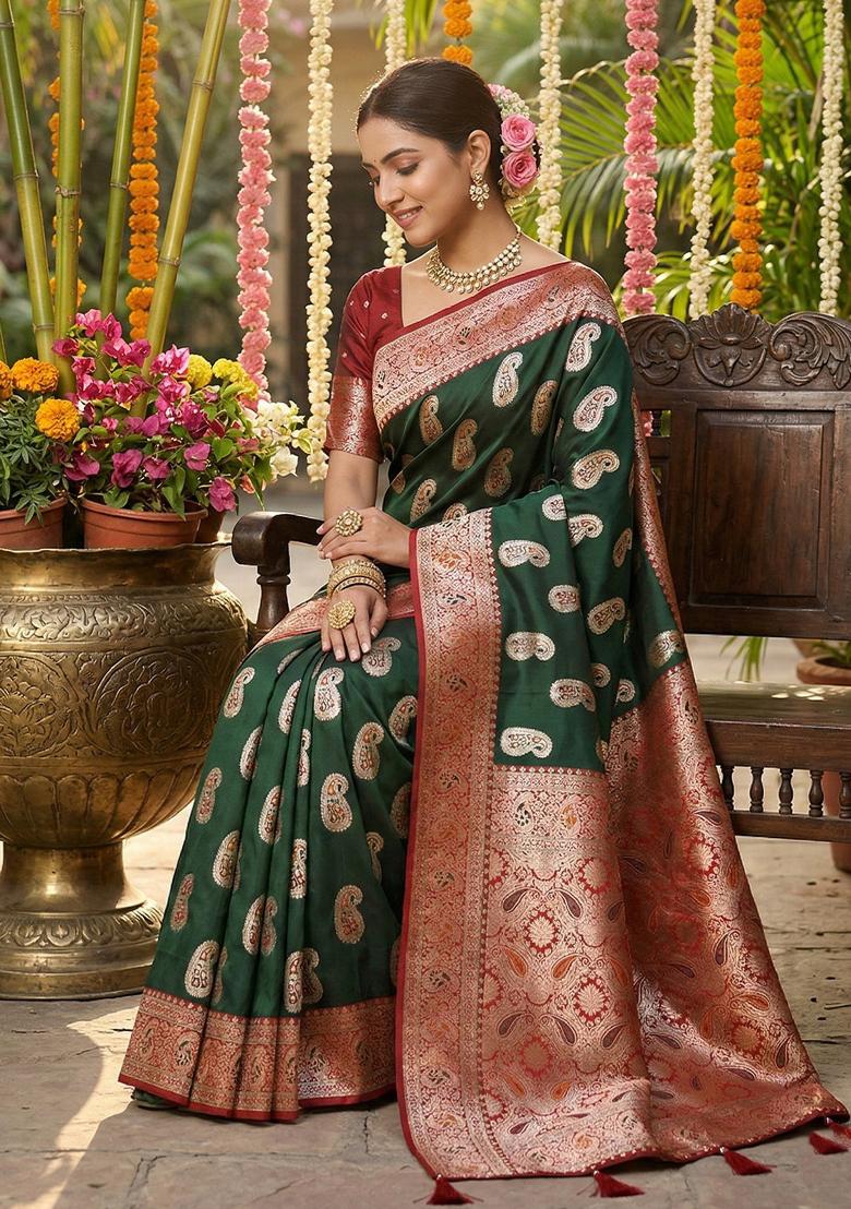 Dark Green Woven Zari Work Banarasi Silk Saree Set - Indya