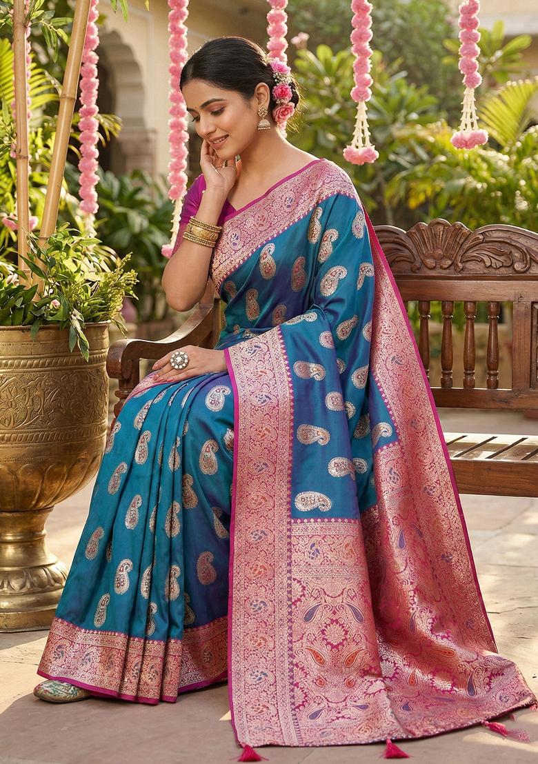 Sky Blue Woven Zari Work Banarasi Silk Saree Set - Indya