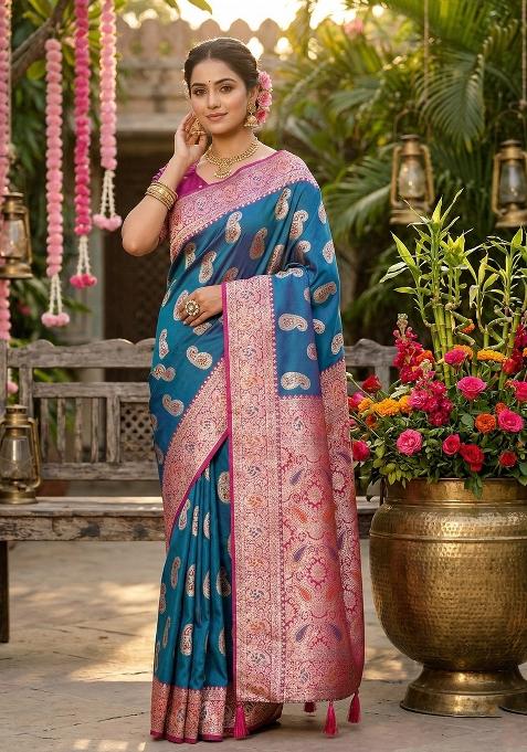 Sky Blue Woven Zari Work Banarasi Silk Saree Set