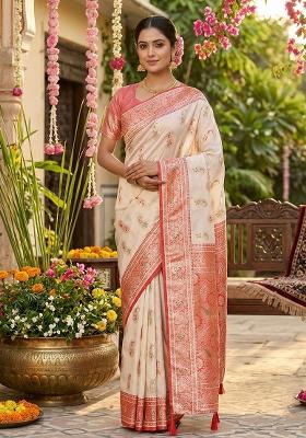 White Woven Zari Work Banarasi Silk Saree Set