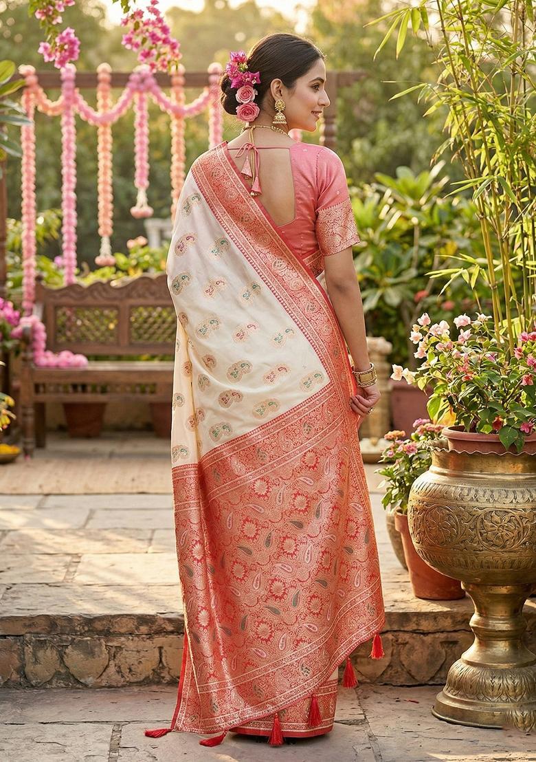 White Woven Zari Work Banarasi Silk Saree Set - Indya