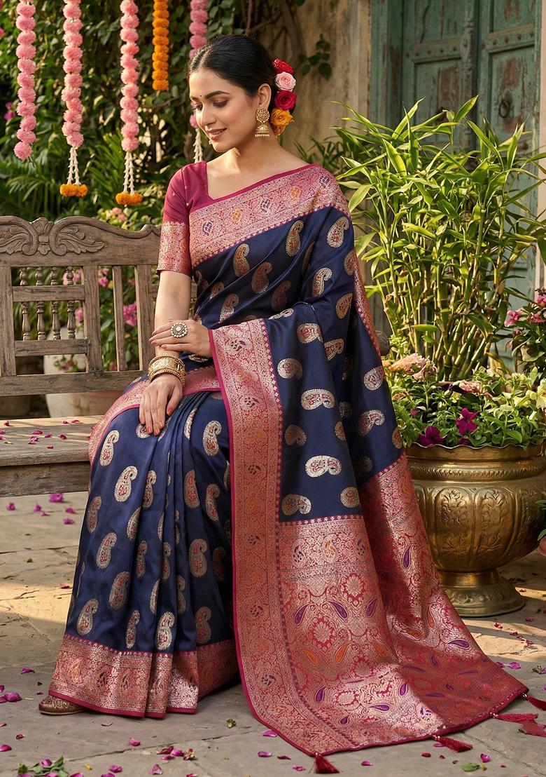Navy Blue Woven Zari Work Banarasi Silk Saree Set - Indya