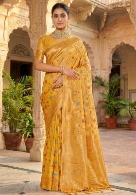 Yellow Woven Zari Work Banarasi Silk Saree Set