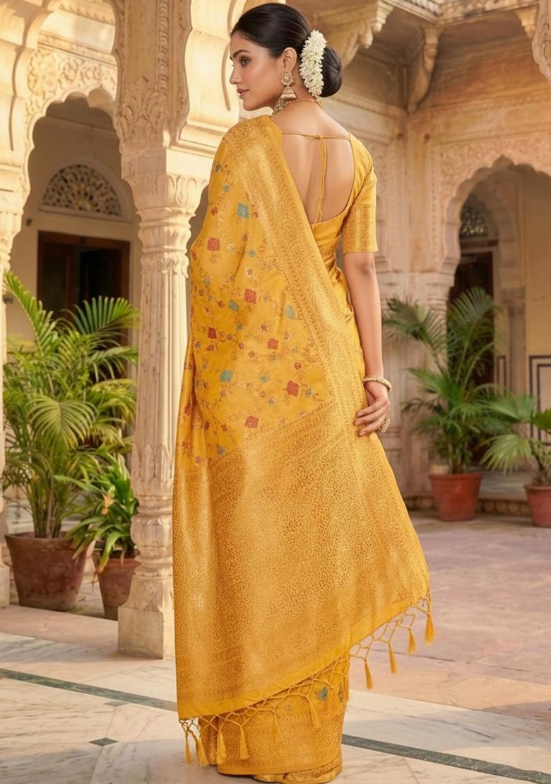 Yellow Woven Zari Work Banarasi Silk Saree Set - Indya