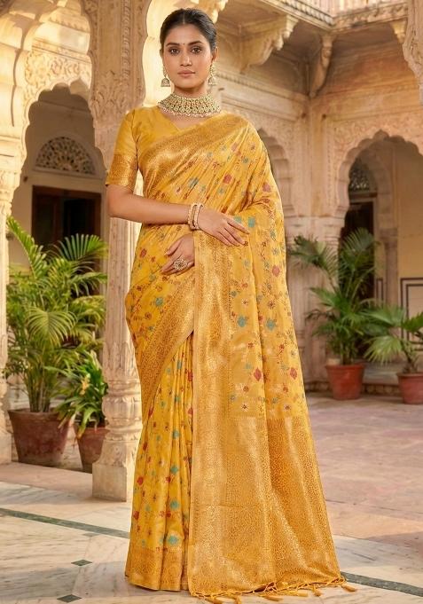 Yellow Woven Zari Work Banarasi Silk Saree Set