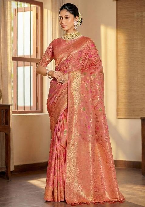 Peach Woven Zari Work Banarasi Silk Blend Saree Set