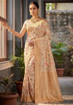 White Woven Zari Work Banarasi Silk Saree Set