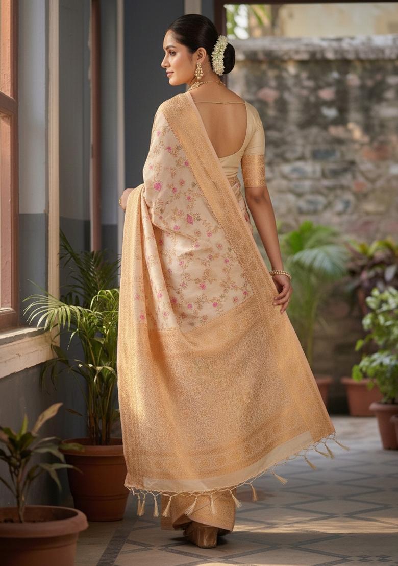 White Woven Zari Work Banarasi Silk Saree Set - Indya