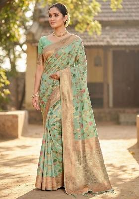 Sea Green Woven Zari Work Banarasi Silk Saree Set