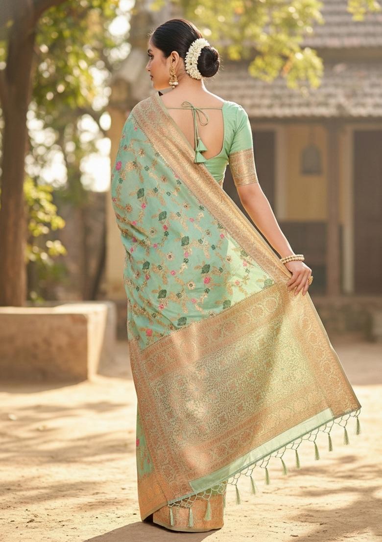 Sea Green Woven Zari Work Banarasi Silk Saree Set - Indya