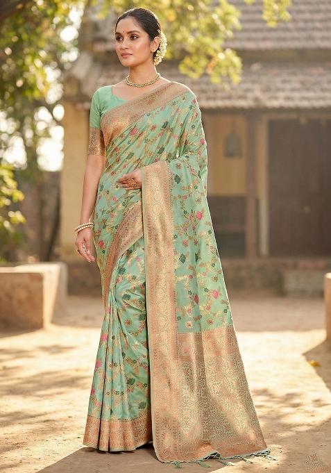 Sea Green Woven Zari Work Banarasi Silk Saree Set — view on Indya