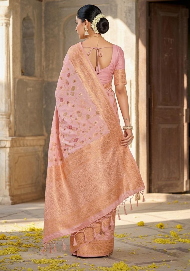 Pink Woven Zari Work Banarasi Silk Saree Set - Indya