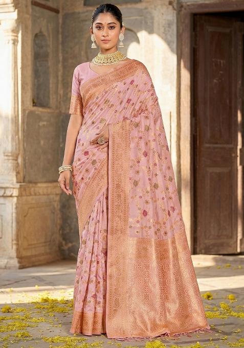 Pink Woven Zari Work Banarasi Silk Blend Saree Set