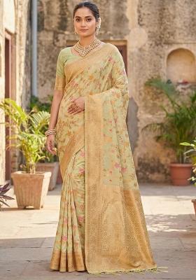 Light Green Woven Zari Work Banarasi Silk Saree Set