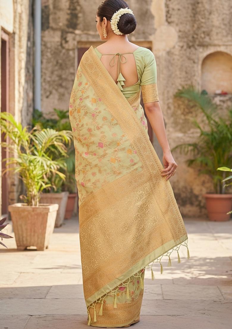 Light Green Woven Zari Work Banarasi Silk Saree Set - Indya