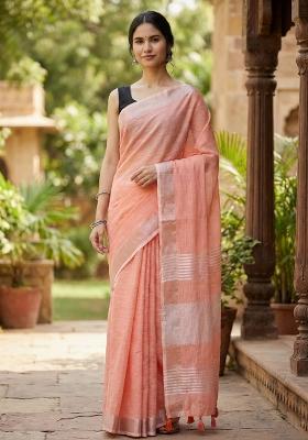 Peach Woven Zari Work Poly Cotton Saree Set